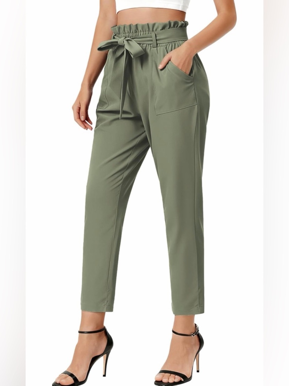 Grace Karin Olive Green Paperbag Waist Tie Pants